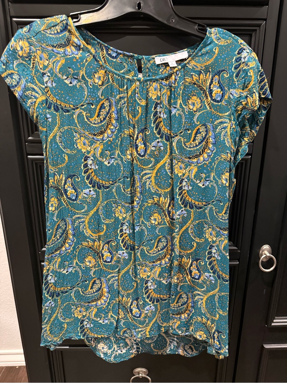 DR2 Teal Paisley Cap-Sleeve Blouse with Yellow Accents
